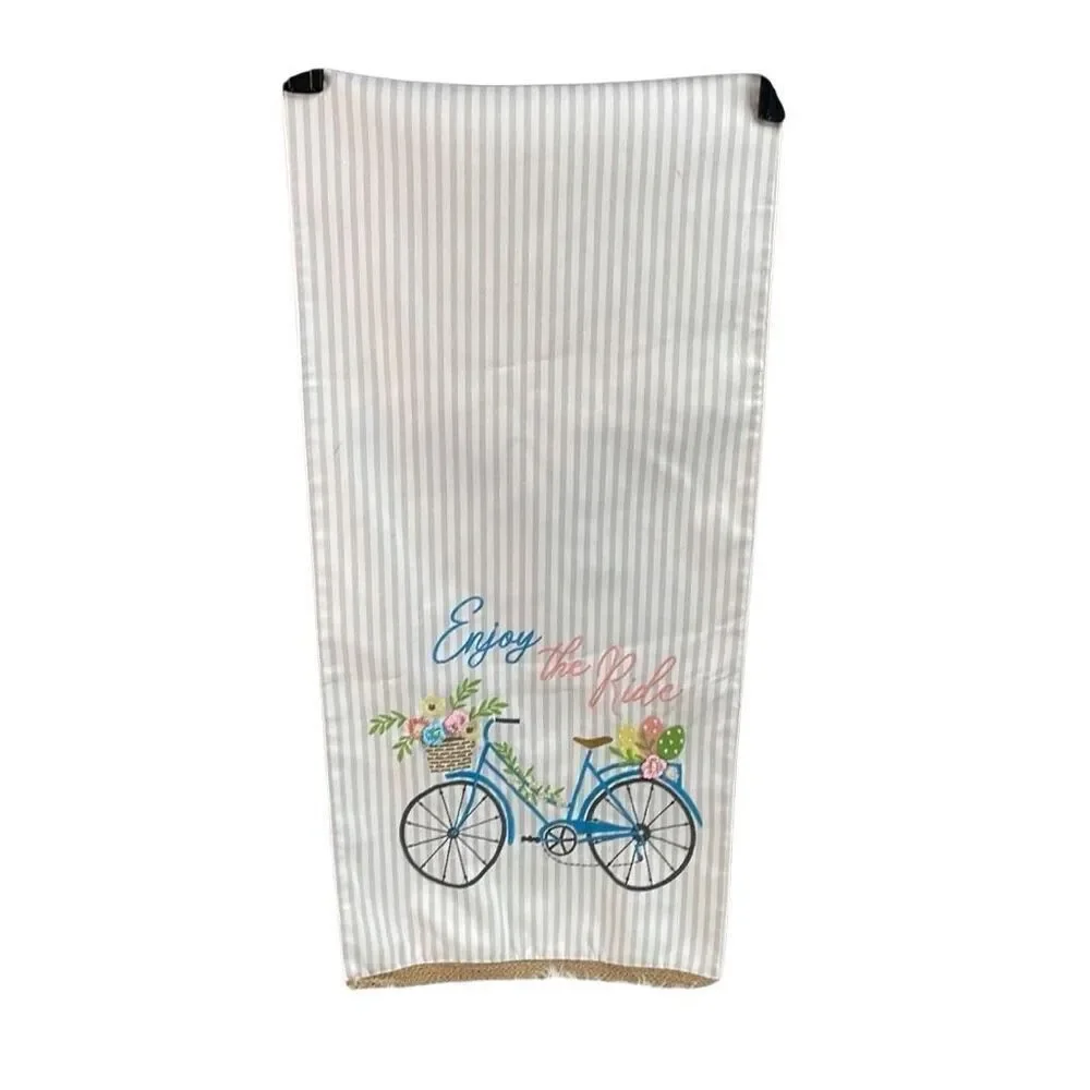 Embroidered Table Runner Blue Beach Bike Spring Basket Flowers Size 70” Length